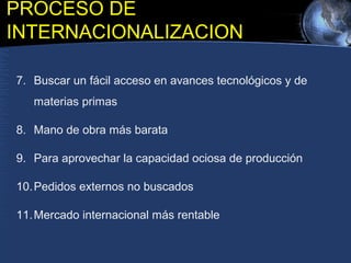 7. Buscar un fácil acceso en avances tecnológicos y de
materias primas
8. Mano de obra más barata
9. Para aprovechar la capacidad ociosa de producción
10.Pedidos externos no buscados
11.Mercado internacional más rentable
PROCESO DE
INTERNACIONALIZACION
 