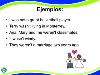 Ejemplos: 
● I was not a great basketball player. 
● Terry wasn't living in Monterrey. 
● Ana, Mary and me weren't classmates. 
● It wasn't windy. 
● They weren't a marriage two years ago. 
 
