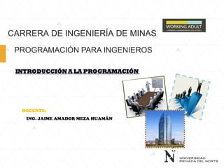 CARRERA DE INGENIERÍA DE MINAS 
PROGRAMACIÓN PARA INGENIEROS 
DOCENTE: 
ING. JAIME AMADOR MEZA HUAMÁN 
 