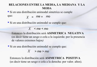 RELACIONES ENTRE LA MEDIA, LA MEDIANA Y LA
                             MODA
 Si en una distribución unimodal simetrica se cumple
que:
                X = me = mo
 Si en una distribución unimodal se cumple que:

                 X < me < mo
   Entonces la distribución será ASIMETRICA NEGATIVA
   (es decir tiene un sesgo o cola a la izquierda: por la presencia
   de valores extremos bajos)
 Si en una distribución unimodal se cumple que:
                 X     > me > mo

 Entonces la distribución será ASIMETRICA POSITIVA
 (es decir tiene un sesgo o cola a la derecha: por valor. altos).
 