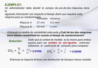 EJEMPLO1:
Un administrador debe decidir la compra de una de dos máquinas, tiene
la
siguiente información con respecto al tiempo diario que requiere cada
máquina para su mantenimiento.
                           Promedio    Varianza
            Máquina A      27 min      4.5 min2
            Máquina B      35 min      5 min2

 Utilizando la medida de variabilidad adecuada.¿Cuál de las dos máquinas
 tiene menos variabilidad en cuanto al tiempo de mantenimiento?
                   Dado que la unidad de medida es la misma para ambos
   Solución:
                   grupos, pero las medias no son iguales, entonces
                   utilizamos el coeficiente de variación para comparar:
        S   A
                  4.5                        SB        5
  CVA =   =           = 0.07856     CVB =         =        = 0.06388
        X   A     27                         XB       35



    Entonces la máquina B tiene una distribución de tiempos menos variable.
 