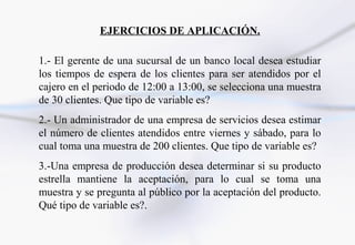 EJERCICIOS DE APLICACIÓN.

1.- El gerente de una sucursal de un banco local desea estudiar
los tiempos de espera de los clientes para ser atendidos por el
cajero en el periodo de 12:00 a 13:00, se selecciona una muestra
de 30 clientes. Que tipo de variable es?
2.- Un administrador de una empresa de servicios desea estimar
el número de clientes atendidos entre viernes y sábado, para lo
cual toma una muestra de 200 clientes. Que tipo de variable es?
3.-Una empresa de producción desea determinar si su producto
estrella mantiene la aceptación, para lo cual se toma una
muestra y se pregunta al público por la aceptación del producto.
Qué tipo de variable es?.
 