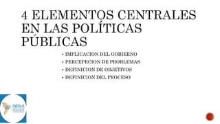  IMPLICACION DEL GOBIERNO
 PERCEPECION DE PROBLEMAS
 DEFINICION DE OBJETIVOS
 DEFINICION DEL PROCESO
 