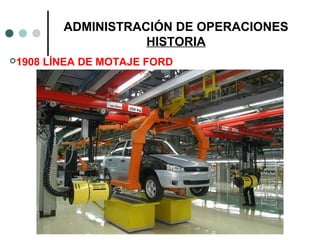 ADMINISTRACIÓN DE OPERACIONES
HISTORIA
1908 LÍNEA DE MOTAJE FORD
 
