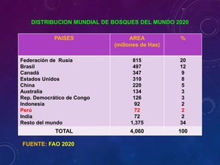 DISTRIBUCION MUNDIAL DE BOSQUES DEL MUNDO 2020
FUENTE: FAO 2020
PAISES AREA
(millones de Has)
%
Federación de Rusia
Brasil
Canadá
Estados Unidos
China
Australia
Rep. Democrático de Congo
Indonesia
Perú
India
Resto del mundo
815
497
347
310
220
134
126
92
72
72
1,375
20
12
9
8
5
3
3
2
2
2
34
TOTAL 4,060 100
 