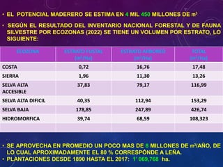 • EL POTENCIAL MADERERO SE ESTIMA EN 4 MIL 450 MILLONES DE m3
• SEGÚN EL RESULTADO DEL INVENTARIO NACIONAL FORESTAL Y DE FAUNA
SILVESTRE POR ECOZONAS (2022) SE TIENE UN VOLUMEN POR ESTRATO, LO
SIGUIENTE:
• SE APROVECHA EN PROMEDIO UN POCO MAS DE 8 MILLONES DE m3/AÑO, DE
LO CUAL APROXIMADAMENTE EL 80 % CORRESPÓNDE A LEÑA.
• PLANTACIONES DESDE 1890 HASTA EL 2017: 1’ 069,768 ha.
ECOZONA ESTRATO FUSTAL
(m3/Ha)
ESTRATO ARBOREO
(m3/Ha)
TOTAL
(m3/Ha)
COSTA 0,72 16,76 17,48
SIERRA 1,96 11,30 13,26
SELVA ALTA
ACCESIBLE
37,83 79,17 116,99
SELVA ALTA DIFICIL 40,35 112,94 153,29
SELVA BAJA 178,85 247,89 426,74
HIDROMORFICA 39,74 68,59 108,323
 