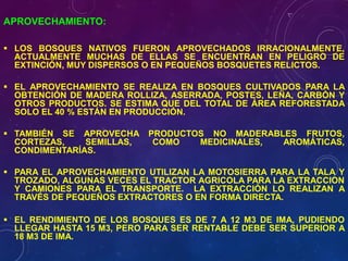 APROVECHAMIENTO:
▪ LOS BOSQUES NATIVOS FUERON APROVECHADOS IRRACIONALMENTE,
ACTUALMENTE MUCHAS DE ELLAS SE ENCUENTRAN EN PELIGRO DE
EXTINCIÓN, MUY DISPERSOS O EN PEQUEÑOS BOSQUETES RELICTOS.
▪ EL APROVECHAMIENTO SE REALIZA EN BOSQUES CULTIVADOS PARA LA
OBTENCIÓN DE MADERA ROLLIZA, ASERRADA, POSTES, LEÑA, CARBÓN Y
OTROS PRODUCTOS. SE ESTIMA QUE DEL TOTAL DE ÁREA REFORESTADA
SOLO EL 40 % ESTÁN EN PRODUCCIÓN.
▪ TAMBIÉN SE APROVECHA PRODUCTOS NO MADERABLES FRUTOS,
CORTEZAS, SEMILLAS, COMO MEDICINALES, AROMÁTICAS,
CONDIMENTARÍAS.
▪ PARA EL APROVECHAMIENTO UTILIZAN LA MOTOSIERRA PARA LA TALA Y
TROZADO, ALGUNAS VECES EL TRACTOR AGRICOLA PARA LA EXTRACCION
Y CAMIONES PARA EL TRANSPORTE. LA EXTRACCIÓN LO REALIZAN A
TRAVÉS DE PEQUEÑOS EXTRACTORES O EN FORMA DIRECTA.
▪ EL RENDIMIENTO DE LOS BOSQUES ES DE 7 A 12 M3 DE IMA, PUDIENDO
LLEGAR HASTA 15 M3, PERO PARA SER RENTABLE DEBE SER SUPERIOR A
18 M3 DE IMA.
 