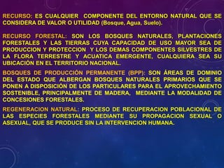 RECURSO: ES CUALQUIER COMPONENTE DEL ENTORNO NATURAL QUE SE
CONSIDERA DE VALOR O UTILIDAD (Bosque, Agua, Suelo).
RECURSO FORESTAL: SON LOS BOSQUES NATURALES, PLANTACIONES
FORESTALES Y LAS TIERRAS CUYA CAPACIDAD DE USO MAYOR SEA DE
PRODUCCION Y PROTECCION Y LOS DEMAS COMPONENTES SILVESTRES DE
LA FLORA TERRESTRE Y ACUATICA EMERGENTE, CUALQUIERA SEA SU
UBICACIÓN EN EL TERRITORIO NACIONAL.
BOSQUES DE PRODUCCIÓN PERMANENTE (BPP): SON ÁREAS DE DOMINIO
DEL ESTADO QUE ALBERGAN BOSQUES NATURALES PRIMARIOS QUE SE
PONEN A DISPOSICIÓN DE LOS PARTICULARES PARA EL APROVECHAMIENTO
SOSTENIBLE, PRINCIPALMENTE DE MADERA, MEDIANTE LA MODALIDAD DE
CONCESIONES FORESTALES.
REGENERACION NATURAL: PROCESO DE RECUPERACION POBLACIONAL DE
LAS ESPECIES FORESTALES MEDIANTE SU PROPAGACION SEXUAL O
ASEXUAL, QUE SE PRODUCE SIN LA INTERVENCION HUMANA.
 