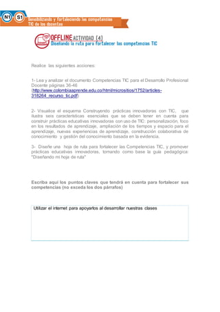 Realice las siguientes acciones:
1- Lea y analizar el documento Competencias TIC para el Desarrollo Profesional
Docente páginas 36-46
(http://www.colombiaaprende.edu.co/html/micrositios/1752/articles-
318264_recurso_tic.pdf)
2- Visualice el esquema Construyendo prácticas innovadoras con TIC, que
ilustra seis características esenciales que se deben tener en cuenta para
construir prácticas educativas innovadoras con uso de TIC: personalización, foco
en los resultados de aprendizaje, ampliación de los tiempos y espacio para el
aprendizaje, nuevas experiencias de aprendizaje, construcción colaborativa de
conocimiento y gestión del conocimiento basada en la evidencia.
3- Diseñe una hoja de ruta para fortalecer las Competencias TIC, y promover
prácticas educativas innovadoras, tomando como base la guía pedagógica:
"Diseñando mi hoja de ruta"
Escriba aquí los puntos claves que tendrá en cuenta para fortalecer sus
competencias (no exceda los dos párrafos)
Utilizar el internet para apoyarlos al desarrollar nuestras clases
 