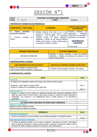 0 MAYO -
2019
SESIÓN N°1
TITULO PROBLEMAS CON OPERACIONES COMBINADAS
FECHA – 05 – 19 TIEMPO 90 Minutos
I. PROPÓSITOSYEVIDENCIASDEAPRENDIZAJE
COMPETENCIAS Y CAPACIDADES DESEMPEÑOS
¿QUÉ NOS DARÁ EVIDENCIAS
DE APRENDIZAJE?
1.1. Traduce cantidades a
expresiones numéricas.
1.1. Resuelve problemas de
cantidad.
 Establece relaciones entre datos y una o más
acciones de comparar, igualar, reiterar y dividir
cantidades, y las transforma en expresiones
numéricas (modelo) de adición, sustracción,
multiplicación y división de dos números naturales
(obtiene como cociente un número decimal exacto),
y en potencias cuadradas y cúbicas.
Resuelve problemas con
operaciones combinadas
evidenciando sus resultados y
socializando sus respuestas.
INSTRUMENTO DE
EVALUACIÓN
Prueba escrita
ENFOQUES TRANSVERSALES ACTITUDES OBSERVABLES
ENFOQUE DE DERECHOS
Disposición a conocer, reconocer y valorar los derechos
individuales y colectivos que tenemos las personas en el
ámbito privado y público.
II.PREPARACIÓNDELASESIÓN
¿Qué necesitamos hacer antes de la sesión? ¿Qué recursos o materiales se utilizará en esta sesión?
Preparar en un papelote el problema de Nikol.
Tener a la mano copias de aplicación y prueba escrita.
 Problema de Nikol, papelotes, plumones, cinta masking
III.MOMENTOSDELASESIÓN
INICIO 15 min
MOTIVACIÓN
• Se dialoga con los estudiantes respecto a las compras que realiza la niña de la imagen
• Responden. ¿Cómo hallarán el vuelto de Nikol?
• Comparen su trabajo con el procedimiento que realizó Nikol
Anexo 1
Anexo 2
SABERES PREVIOS
• Recogen los saberes previos mediante las siguientes preguntas:¿Qué operaciones matemáticas debes
utilizar para saber sobre el vuelto de Nikol? ¿Qué proceso se siguen al momento de resolver operaciones
combinadas? ¿Las divisiones y las multiplicaciones tienen la misma jerarquía en las operaciones
combinadas?
PROPÓSITO DE LA SESIÓN
HOY RESOLVERÁN PROBLEMAS CON OPERACIONES COMBINADAS.
NORMA DE CONVIVENCIA
Mantener el orden y limpieza en el aula.
Hablo con calma para resolver un problema.
DESARROLLO 45 min
SITUACIÓN PROBLEMÁTICA
- A partir de la socialización del primer problema ,se les presenta el papelote con la siguiente situación :
Anexo 3
FAMILIARIZACIÒN CON EL PROBLEMA
- Se realiza las siguientes preguntas: ¿De qué trata el problema?, ¿Qué datos nos brinda?, ¿Qué juegos
ofrece el parque de diversiones?, ¿Cuánto cuesta la entrada a cada juego?, ¿Qué desea realizar el dueño
del parque? Se solicita que algunos expliquen el problema con sus propias palabras.
 