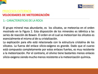 PROCESOS EXTERNOS
VELOCIDADES DE METEORIZACIÓN
1.- CARACTERISTICAS DE LA ROCA
El grupo mineral mas abundante, es los silicatos, se meteoriza en el orden
mostrado en la Figura 2. Esta disposición de los minerales es idéntica a las
series de reacción de Bowen. El orden en el cual se meteorizan los silicatos es
esencialmente el mismo al de su cristalización.
La explicación para ello está relacionada con la estructura cristalina de los
silicatos. La fuerza del enlace silicio-oxígeno es grande. Dado que el cuarzo
está compuesto completamente por estos enlaces fuertes, es muy resistente
a la meteorización. Por el contrario, el olivino tiene bastantes menos enlaces
silicio-oxigeno siendo mucho menos resistente a la meteorización química.
 