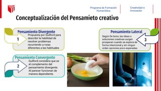 Conceptualización del Pensamieto creativo
Propuesta por Guilford para
describir la habilidad de
resolver problemas
recurriendo a rutas
diferentes a las habituales
Pensamiento Divergente
1
Pensamiento Convergente
Guilford considera que es
el complemento del
pensamiento divergente.
Al parecer funcionan de
manera dependiente.
2
Pensamiento Lateral
Según De bono, las ideas o
soluciones creativas surgen
prosperan cuando se explora de
forma intencional y sin ningun
orden opciones poco esperadas.
3
Creatividad e
Innovación
Programa de Formación
Humanística
 