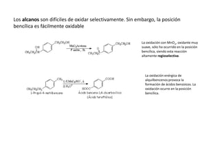 Los alcanos son difíciles de oxidar selectivamente. Sin embargo, la posición
bencílica es fácilmente oxidable
La oxidación con MnO2, oxidante muy
suave, sólo ha ocurrido en la posición
bencílica, siendo esta reacción
altamente regioselectiva.
La oxidación enérgica de
alquilbencenos provoca la
formación de ácidos benzoicos. La
oxidación ocurre en la posición
bencílica.
 