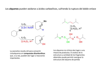 Los alquenos pueden oxidarse a ácidos carboxílicos, sufriendo la ruptura del doble enlace
La ozonolisis resulta útil para comvertir
cicloalquenos en compuestos dicarbonílicos
que, a su vez, pueden dar lugar a reacciones
importantes.
Los alquenos no cíclicos dan lugar a una
mezcla de productos. El análisis de la
estructura y cantidad de los fragmentos
obtenidos puede permitir averiguar la
estructura del alqueno de partida
 