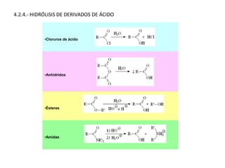 4.2.4.- HIDRÓLISIS DE DERIVADOS DE ÁCIDO
•Cloruros de ácido
•Anhídridos
•Ésteres
•Amidas
 