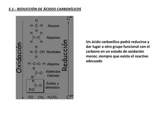 5.1.- REDUCCIÓN DE ÁCIDOS CARBOXÍLICOS
Un ácido carboxílico podrá reducirse y
dar lugar a otro grupo funcional con el
carbono en un estado de oxidación
menor, siempre que exista el reactivo
adecuado
 
