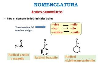 • Para el nombre de los radicales acilo:
Terminación del
nombre vulgar
- oico - oilo
- ico - ilo
- oxílico - onilo
O
CH3-C-
Radical acetilo
o etanoilo
C
O
Radical benzoilo
C
O
Radical
ciclohexanocarbonilo
NOMENCLATURA
ÁCIDOS CARBOXÍLICOS
 