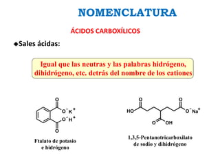 ◆Sales ácidas:
O
O
O
O
K
H
+
+
Igual que las neutras y las palabras hidrógeno,
dihidrógeno, etc. detrás del nombre de los cationes
O
O
O
HO
O OH
Na+
Ftalato de potasio
e hidrógeno
1,3,5-Pentanotricarboxilato
de sodio y dihidrógeno
NOMENCLATURA
ÁCIDOS CARBOXÍLICOS
 