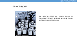 COMPORTAMIENTO ÉTICO
CRISIS DE VALORES
Las crisis de valores se produce cuando su
significado comienza a perder sentido y utilidad
práctica en asuntos concretos.
 
