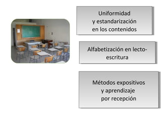 Uniformidad
 y estandarización
 en los contenidos


Alfabetización en lecto-
       escritura



 Métodos expositivos
   y...