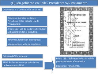 ¿Quién gobierna en Chile? Presidente V/S Parlamento 
De acuerdo a la Constitución de 1833: 
Congreso: Aprobar las Leyes 
Periódicas. Entre estas la Ley de 
Presupuesto. 
A través del uso de las Leyes Periódicas 
se buscará limitar al ejecutivo. 
Balmaceda/ Parlamento: 
1890: Parlamento no aprueba la Ley 
de Presupuesto 1891. 
Enero 1891: Balmaceda declara válido 
presupuesto del año anterior. 
Clausura el Parlamento. 
Reformas, fortalecen al congreso: 
Interpelación y voto de confianza. 
 