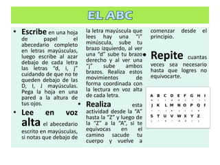 • Escribe en una hoja
de papel el
abecedario completo
en letras mayúsculas,
luego escribe al azar
debajo de cada letra
las letras “d, i, j”
cuidando de que no te
queden debajo de las
D, I, J mayúsculas.
Pega la hoja en una
pared a la altura de
tus ojos.
• Lee en voz
alta el abecedario
escrito en mayúsculas,
si notas que debajo de
la letra mayúscula que
lees hay una “i”
minúscula, sube tu
brazo izquierdo, al ver
una “d” sube tu brazo
derecho y al ver una
“j” sube ambos
brazos. Realiza estos
movimientos de
forma coordinada con
la lectura en voz alta
de cada letra.
• Realiza esta
actividad desde la “A”
hasta la “Z” y luego de
la “Z” a la “A”, si te
equivocas en el
camino sacude tu
cuerpo y vuelve a
comenzar desde el
principio.
• Repite cuantas
veces sea necesario
hasta que logres no
equivocarte.
 