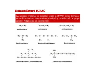 Las aminas primarias se nombran según la IUPAC, como derivados
de un hidrocarburo base (cadena principal) y considerando al grupo
amino ( NH2) como un sustituyente.
 