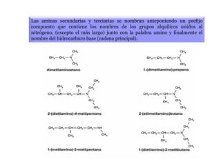 Las aminas secundarias y terciarias se nombran anteponiendo un prefijo
compuesto que contiene los nombres de los grupos alquílicos unidos al
nitrógeno, (excepto el más largo) junto con la palabra amino y finalmente el
nombre del hidrocarburo base (cadena principal).
 