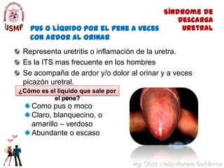 Síndrome de Descarga Uretral Pus o líquido por el pene a veces con ardor al orinarRepresenta uretritis o inflamación de la uretra.Es la ITS mas frecuente en los hombresSe acompaña de ardor y/o dolor al orinar y a veces picazón uretral.¿Cómo es el liquido que sale por el pene? Como pus o mocoClaro, blanquecino, o amarillo – verdosoAbundante o escaso