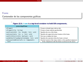 Frame




Frame
Contenedor de los componentes gr´ﬁcos
                                a




Federico Rauefraue@cti.espol.edu.ec (FIEC)       POO   11 de Enero del 2010   20 / 46
 