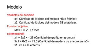 Modelo
Variables de decisión
x1: Cantidad de lápices del modelo HB a fabricar.
x2: Cantidad de lápices del modelo 2B a fabricar.
Función objetivo:
Max Z = x1 + 1.2x2
Restricciones
x1 + 5x2 <= 25 (Cantidad de grafito en gramos)
9x1 + 6x2 <= 49.5 (Cantidad de madera de enebro en m3)
x1, x2 >= 0, enteros
 