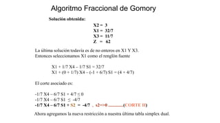 Algoritmo Fraccional de Gomory
La última solución todavía es de no enteros en X1 Y X3.
Entonces seleccionamos X1 como el renglón fuente
X1 + 1/7 X4 – 1/7 S1 = 32/7
X1 + (0 + 1/7) X4 – (-1 + 6/7) S1 = (4 + 4/7)
El corte asociado es:
-1/7 X4 – 6/7 S1 + 4/7 ≤ 0
-1/7 X4 – 6/7 S1 ≤ -4/7
-1/7 X4 – 6/7 S1 + S2 = -4/7 , s2=>0 .............(CORTE II)
X2 = 3
X1 = 32/7
X3 = 11/7
Z = 62
Solución obtenida:
Ahora agregamos la nueva restricción a nuestra última tabla simplex dual.
 