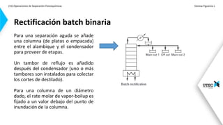 (15) Operaciones de Separación-Fisicoquímicas Vanesa Figueroa J.
.
Para una separación aguda se añade
una columna (de platos o empacada)
entre el alambique y el condensador
para proveer de etapas.
Un tambor de reflujo es añadido
después del condensador (uno o más
tambores son instalados para colectar
los cortes de destilado).
Para una columna de un diámetro
dado, el rate molar de vapor-boilup es
fijado a un valor debajo del punto de
inundación de la columna.
Rectificación batch binaria
 