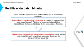 (16) Operaciones de Separación-Fisicoquímicas Vanesa Figueroa J.
.
Rectificación batch binaria
Operación a composición de destilado constante (rate de reflujo
varía con el tiempo): una rápida respuesta de sensor de
composición es requerido.
Operación a rate de reflujo constante (composición del destilado
varía con el tiempo): Fácilmente implementado debido a
disponibilidad de respuesta rápida de los sensores de flow rate.
Se tiene dos modos de operación de una rectificación batch (son las más fácilmente
modeladas):
 