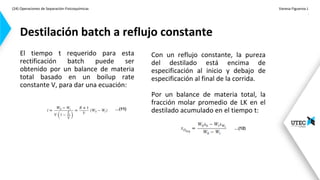 (24) Operaciones de Separación-Fisicoquímicas Vanesa Figueroa J.
.
El tiempo t requerido para esta
rectificación batch puede ser
obtenido por un balance de materia
total basado en un boilup rate
constante V, para dar una ecuación:
Destilación batch a reflujo constante
Con un reflujo constante, la pureza
del destilado está encima de
especificación al inicio y debajo de
especificación al final de la corrida.
Por un balance de materia total, la
fracción molar promedio de LK en el
destilado acumulado en el tiempo t:
…(11)
…(12)
 