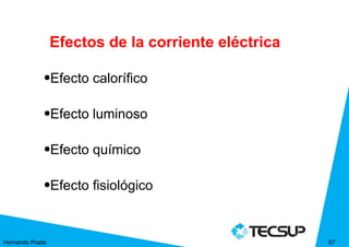 Efectos de la corriente eléctrica

             •Efecto calorífico

             •Efecto luminoso

             •Efecto químico

             •Efecto fisiológico



Hernando Prada                                       67
 