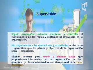 Chiavenato, I. (2009), Gestion del talento humano, tercera edición, Ed, MacGraw Hill, Mexico
• Seguir, acompañar, orientar, mantener y controlar el
cumplimento de las reglas y reglamentos impuestos en la
organización.
• Dar seguimiento a las operaciones y actividades a efecto de
garantizar que los planes y objetivos de la organización
sean ejecutados.
• Diseñar sistemas para reunir y obtener datos que
proporcionen información a la organización, a los
gerentes y los administradores en tiempo real para tomar
decisiones.
Supervisión
 