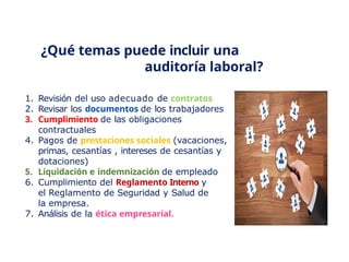 ¿Qué temas puede incluir una
auditoría laboral?
1. Revisión del uso adecuado de contratos
2. Revisar los documentos de los trabajadores
3. Cumplimiento de las obligaciones
contractuales
4. Pagos de prestaciones sociales (vacaciones,
primas, cesantías , intereses de cesantías y
dotaciones)
5. Liquidación e indemnización de empleado
6. Cumplimiento del Reglamento Interno y
el Reglamento de Seguridad y Salud de
la empresa.
7. Análisis de la ética empresarial.
 