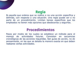 Regla
Es aquella que ordena que se realice o no una acción específica y
definida, con respecto a una situación. Una regla puede ser o no
parte de un procedimiento. Limitan tareas específicas que los
empleados no tienen más opciones que obedecerlas y seguirlas.
Procedimientos
Pasos por medio de los cuales se establece un método para el
manejo de actividades futuras. Consisten en secuencias
cronológicas de las acciones requeridas. Son guías de acción, no de
pensamiento, en las que se detalla la manera exacta en que deben
realizarse ciertas actividades.
 
