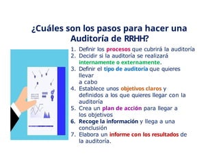 ¿Cuáles son los pasos para hacer una
Auditoría de RRHH?
1. Definir los procesos que cubrirá la auditoría
2. Decidir si la auditoría se realizará
internamente o externamente.
3. Definir el tipo de auditoría que quieres
llevar
a cabo
4. Establece unos objetivos claros y
definidos a los que quieres llegar con la
auditoría
5. Crea un plan de acción para llegar a
los objetivos
6. Recoge la información y llega a una
conclusión
7. Elabora un informe con los resultados de
la auditoría.
 