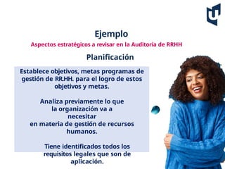 Ejemplo
Aspectos estratégicos a revisar en la Auditoría de RRHH
Planificación
Establece objetivos, metas programas de
gestión de RR.HH. para el logro de estos
objetivos y metas.
Analiza previamente lo que
la organización va a
necesitar
en materia de gestión de recursos
humanos.
Tiene identificados todos los
requisitos legales que son de
aplicación.
 