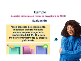 Ejemplo
Aspectos estratégicos a revisar en la Auditoría de RRHH
Evaluación
Posee procesos de seguimiento,
medición, análisis y mejora
necesarios para asegurar la
conformidad del RR.HH, y para
mejorar continuamente su eficacia
y eficiencia.
 