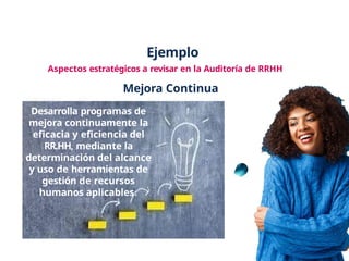 Ejemplo
Aspectos estratégicos a revisar en la Auditoría de RRHH
Mejora Continua
Desarrolla programas de
mejora continuamente la
eficacia y eficiencia del
RR.HH, mediante la
determinación del alcance
y uso de herramientas de
gestión de recursos
humanos aplicables.
 