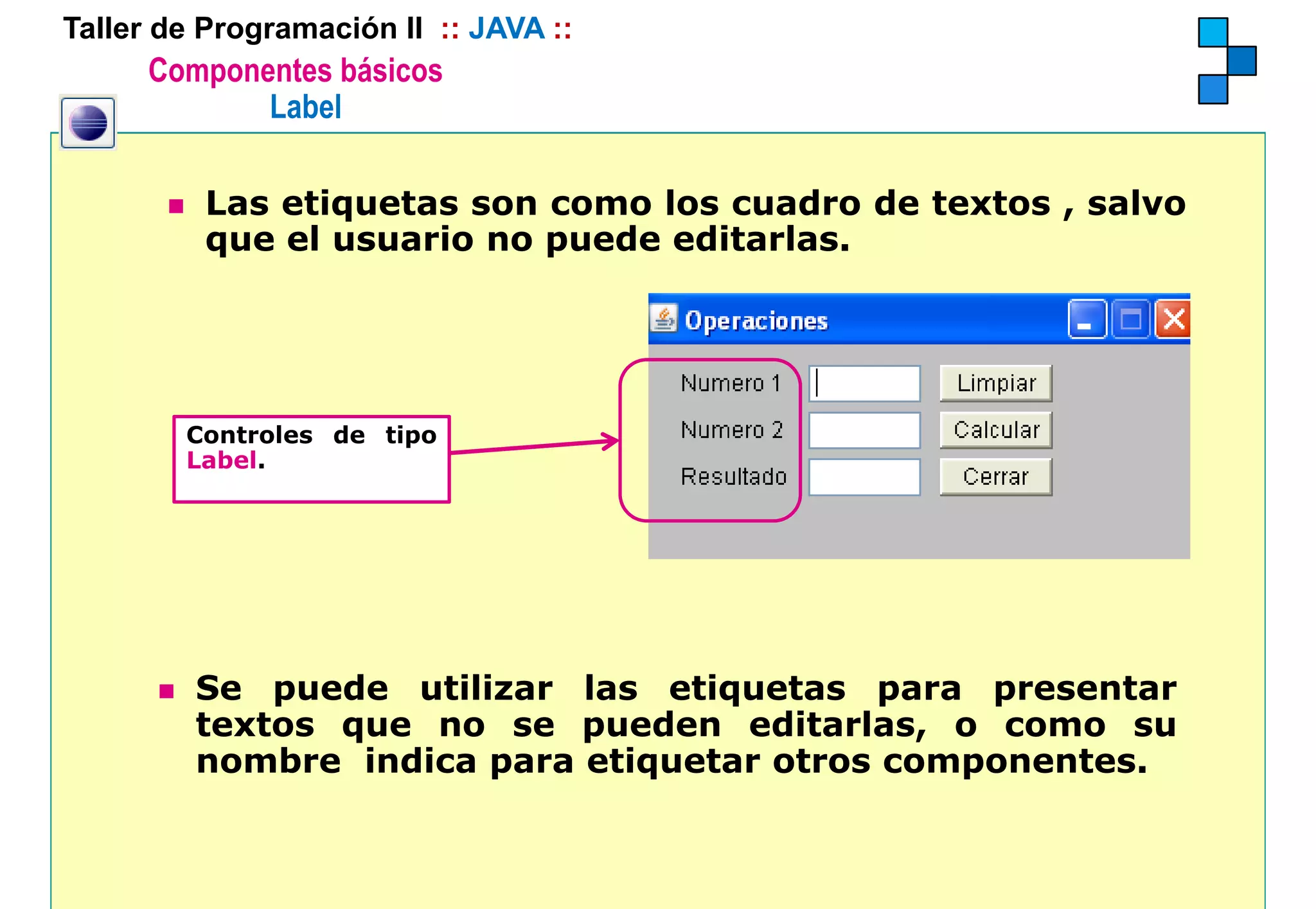 Taller de Programación II :: JAVA ::
      Componentes básicos
             Label

          Las etiquetas son como los cuadro de textos , salvo
          que el usuario no puede editarlas.
               l      i        d   di   l




        Controles de tipo
        Label.
        L b l




         Se puede utilizar las etiquetas para presentar
         textos que no se pueden editarlas, o como su
         nombre indica para etiquetar otros componentes.
 