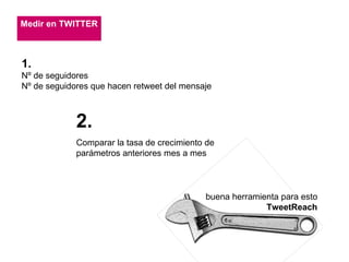 Medir en TWITTER 1. Nº de seguidores Nº de seguidores que hacen retweet del mensaje 2.   Comparar la tasa de crecimiento de parámetros anteriores mes a mes buena herramienta para esto TweetReach 