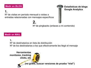 Medir en BLOG 1. Nº de visitas en período mensual o visitas a entradas relacionadas con mensajes específicos Medir en MAIL 2. Nº de pingbacks (enlaces a mi contenido) Estadisticas de blogs Google Analytics 1. Nº de destinatarios en lista de distribución Nº de los destinatarios a los que efectivamente les llegó el mensaje Herramientas monitoreo, tracking clicks, etc (no gratis, buscar versiones de prueba “trial”) 