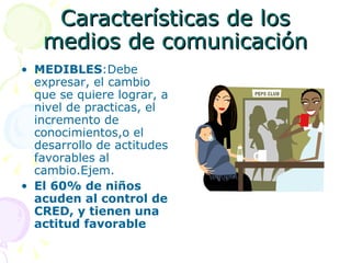 Características de los medios de comunicación MEDIBLES :Debe expresar, el cambio que se quiere lograr, a nivel de practicas, el incremento de conocimientos,o el desarrollo de actitudes favorables al cambio.Ejem. El 60% de niños acuden al control de CRED, y tienen una actitud favorable  