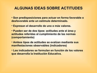 ALGUNAS IDEAS SOBRE ACTITUDES Son predisposiciones para actuar en forma favorable o desfavorable ante un estímulo determinado. Expresan el desarrollo de uno o más valores. Pueden ser de dos tipos: actitudes ante el área y actitudes referidas al cumplimiento de las normas (comportamiento) Ambos tipos de actitudes se evalúan mediante sus manifestaciones observables (indicadores) Los indicadores se formulan en función de los valores que desarrolla la Institución Educativa. 