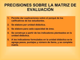 PRECISIONES SOBRE LA MATRIZ DE EVALUACIÓN Permite dar explicaciones sobre el porqué de los calificativos de los estudiantes. Se elabora por unidad didáctica. Se elabora para cada capacidad de área. Se construye a partir de los indicadores planteados en la unidad didáctica. A los indicadores formulados en la unidad didáctica se le agrega pesos, puntajes y número de ítems, y se completa matriz. 
