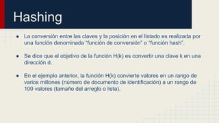 Hashing
● La conversión entre las claves y la posición en el listado es realizada por
una función denominada “función de conversión” o “función hash”.
● Se dice que el objetivo de la función H(k) es convertir una clave k en una
dirección d.
● En el ejemplo anterior, la función H(k) convierte valores en un rango de
varios millones (número de documento de identificación) a un rango de
100 valores (tamaño del arreglo o lista).
 
